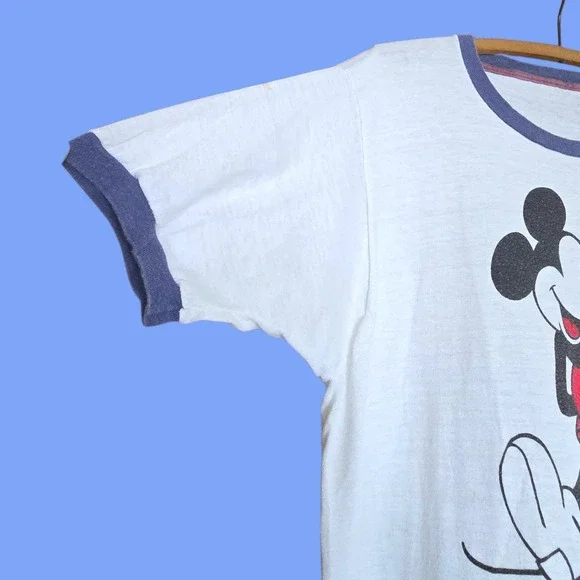 Vintage 70s Walt Disney World Ringer T-Shirt Mickey Mouse Single Stitch White...
